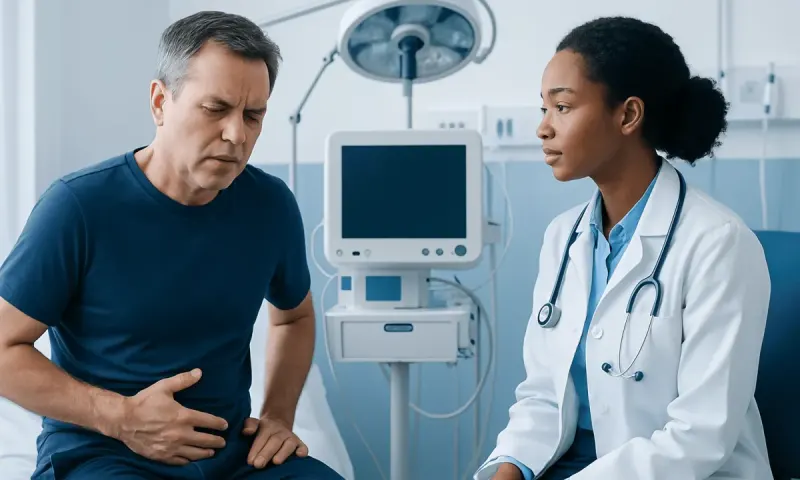 Doctor consulting male patient in hospital room with medical equipment.