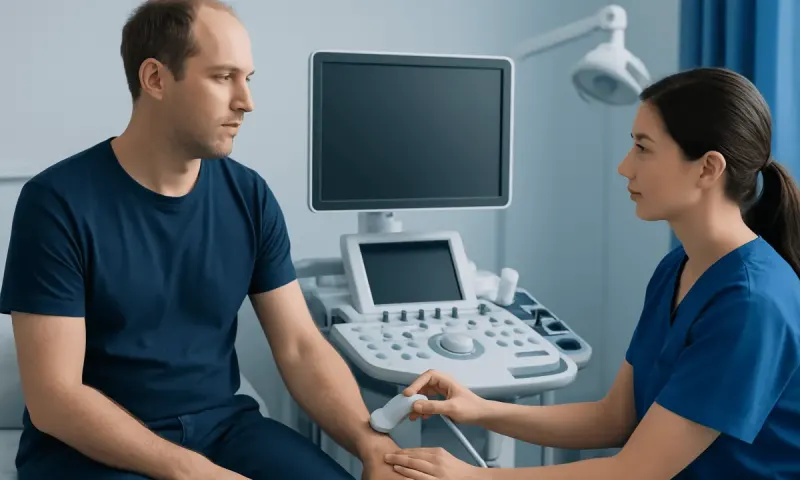 Doctor performing an ultrasound examination on a male patient in a medical clinic.