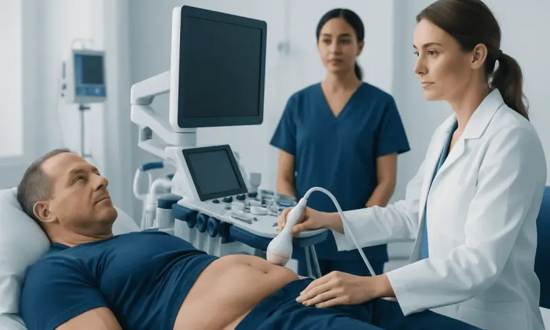 Doctor performing ultrasound examination on male patient in hospital.