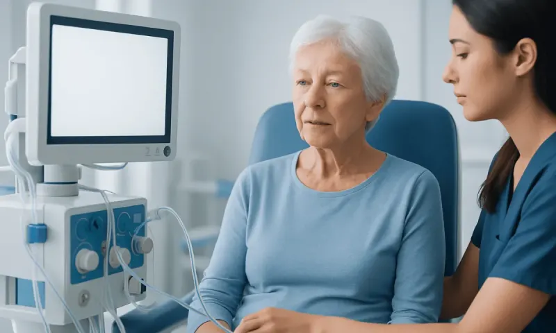 Elderly woman undergoing a medical examination with a healthcare professional.