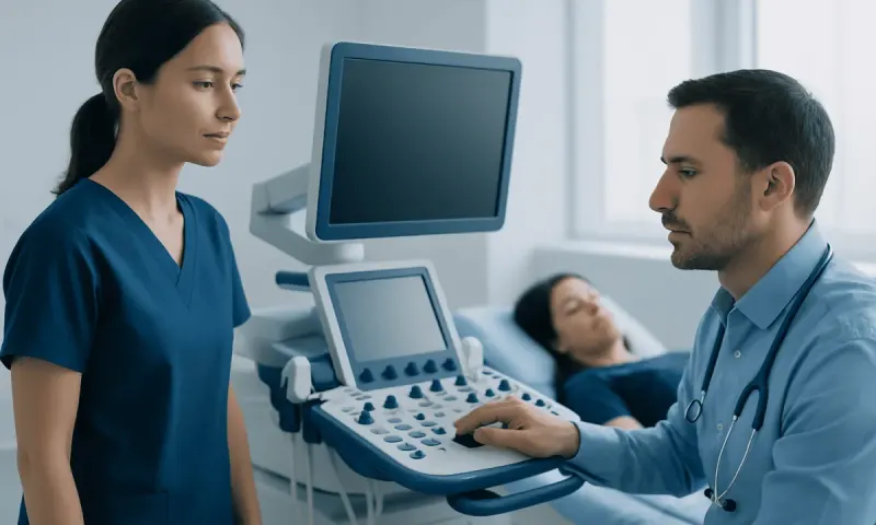 Medical professionals performing an ultrasound examination in a hospital room.