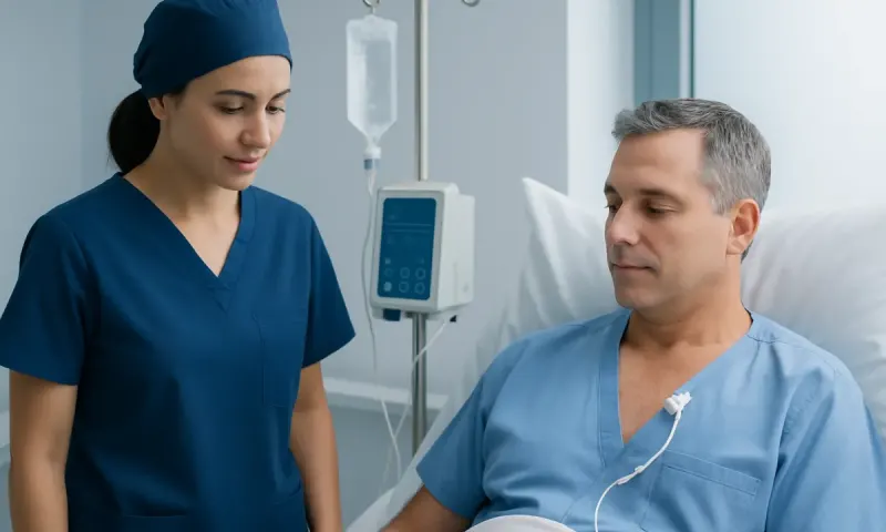 Nurse and patient in hospital room with medical equipment.