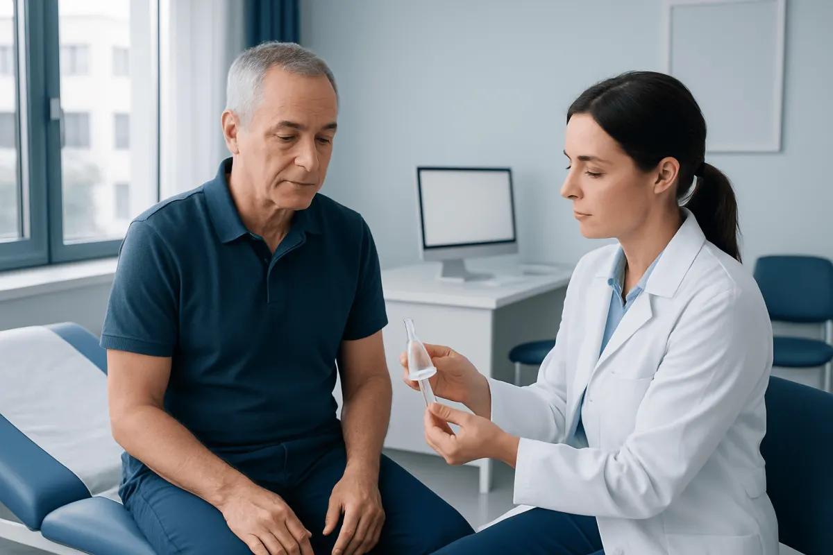 Doctor explaining condom catheter to patient in clinic setting.