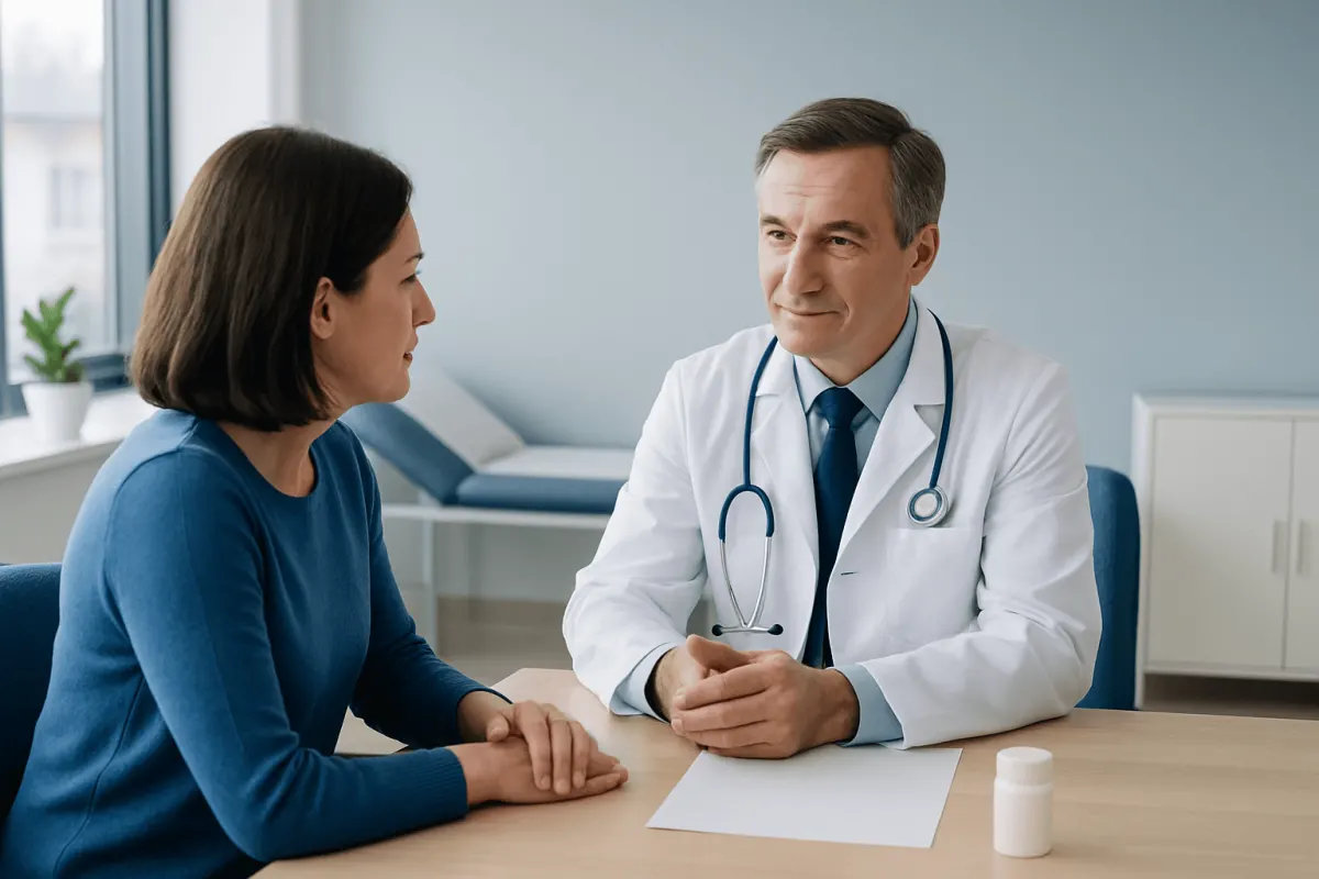 Doctor consulting with a female patient in a modern clinic setting.