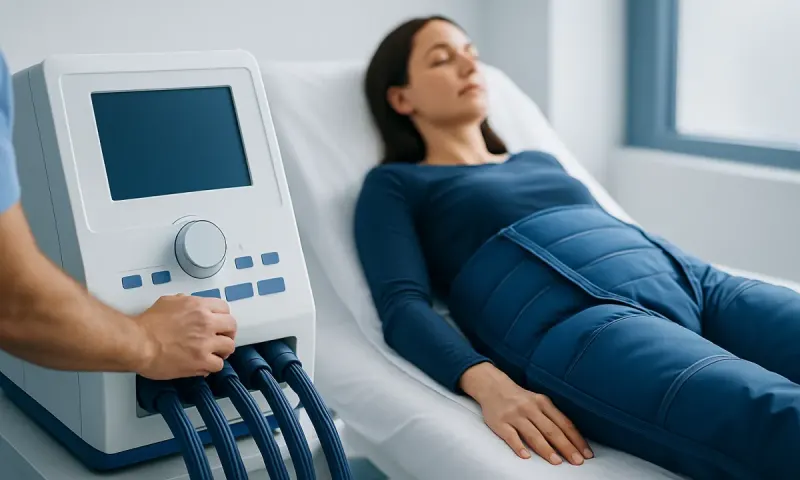 Woman receiving lymphatic drainage massage therapy in a clinical setting.