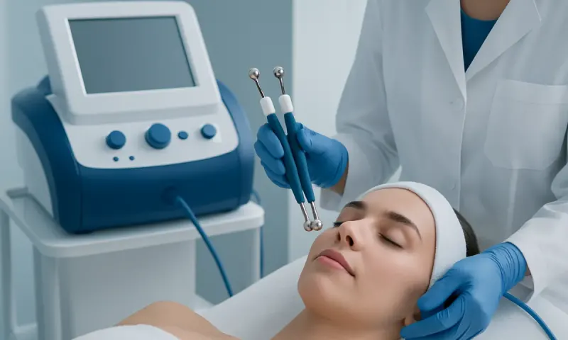 Patient receiving microcurrent facial treatment at Acibadem Hospital.