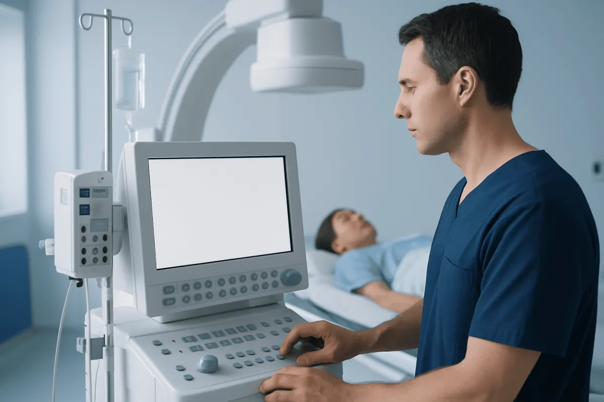 Medical professional operating ultrasound machine in hospital room.