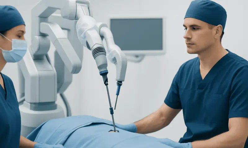 Surgeons perform minimally invasive lobectomy using robotic surgical system.