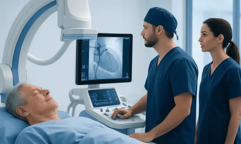 Cardiologist and nurse monitor heart ultrasound during patient examination.