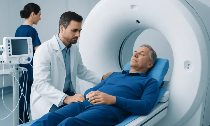 Patient undergoing MRI scan at Acibadem Hospital for prostate cancer assessment.