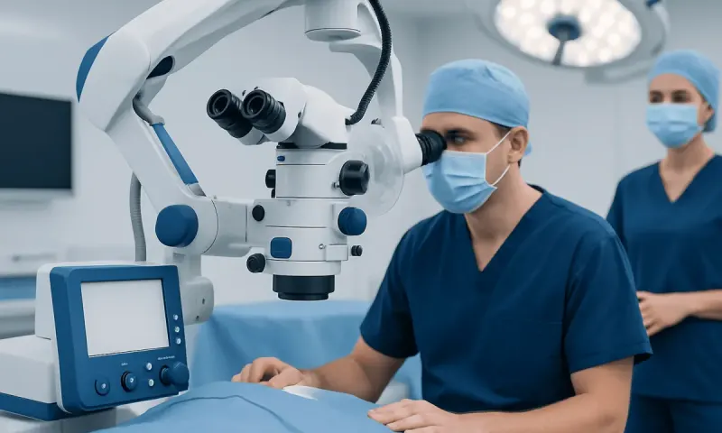 Surgeon using a microscope during posterior fossa surgery at Acibadem Hospital.