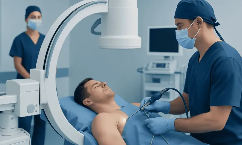 Surgeon performing shoulder procedure in an operating room with medical staff present.