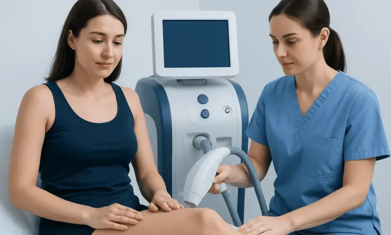 Medical professional performing laser hair removal on patient's leg.