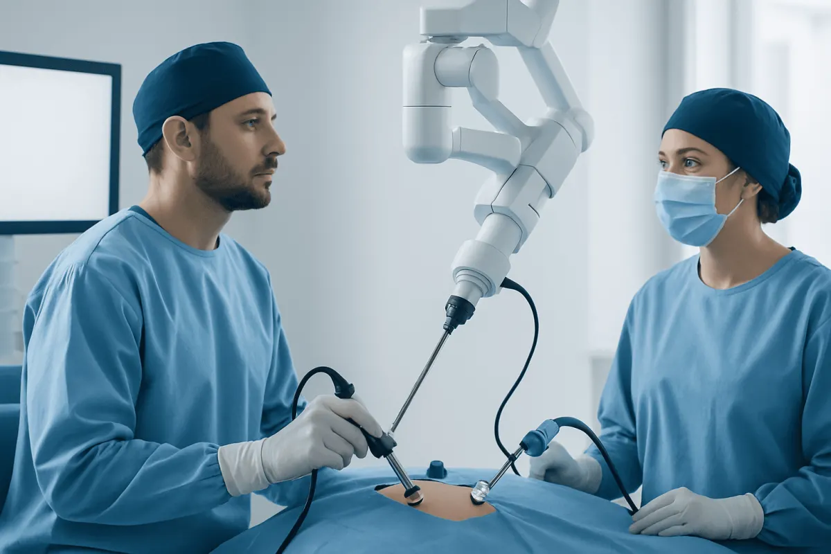Surgeons perform minimally invasive surgery with robotic assistance at Acibadem Hospital.