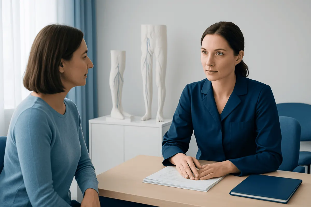 Doctor consulting a patient about vein treatment options at Acibadem Hospital.