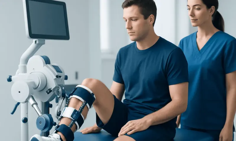 Patient undergoing sports injury rehabilitation with a knee brace at Acibadem Hospital.