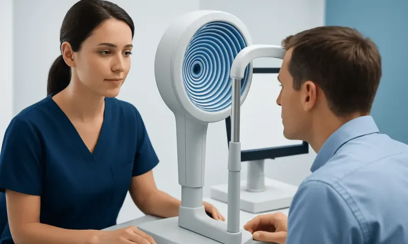 Optical technician explains corneal topography to patient at Acibadem Hospital.