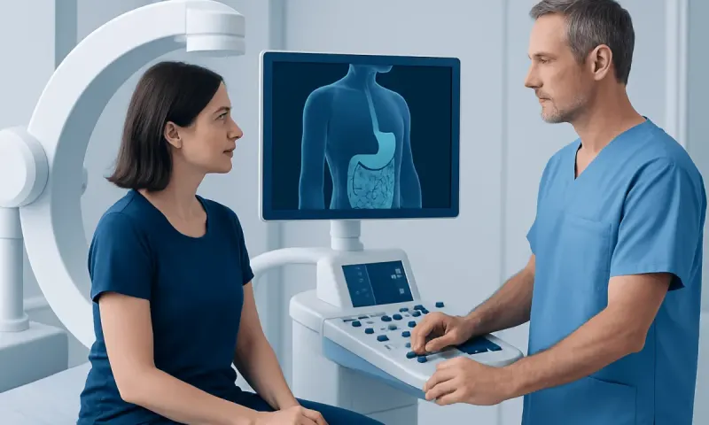 Doctor explaining gastrointestinal scan to patient in medical facility.