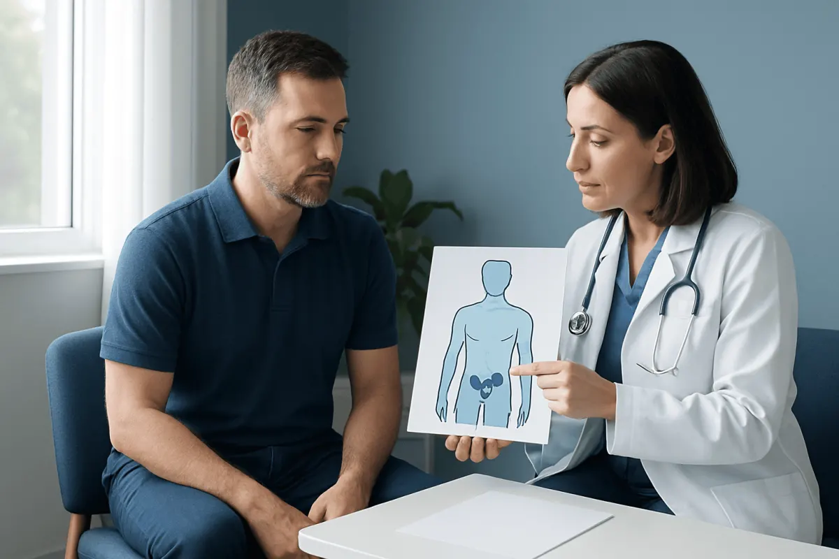 Doctor explaining male reproductive health to patient with diagram.