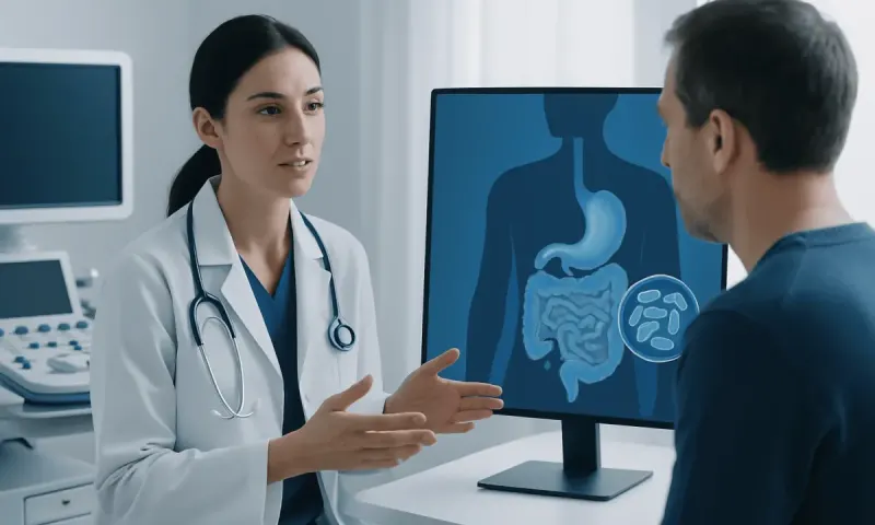 Doctor explaining digestive system to patient in clinic setting.