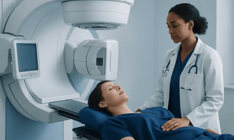 Medical professional preparing patient for imaging scan at Acibadem Hospital.