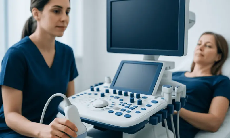 Medical professional performing ultrasound on patient in hospital setting.