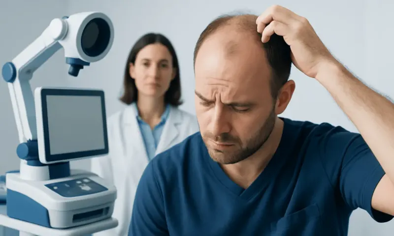 Man examining scalp for hair loss with medical professional nearby.