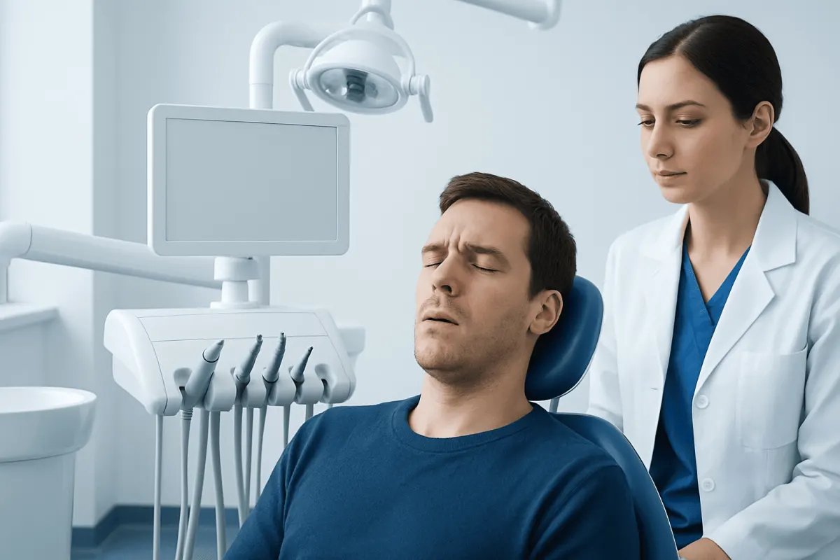 Patient experiencing dental discomfort during a dental check-up at Acibadem Hospital.