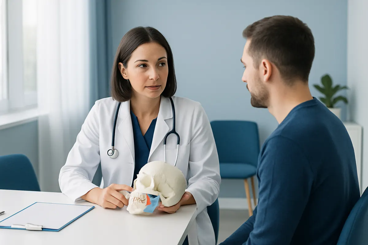 Doctor explaining jaw surgery to patient with skull model in clinic.
