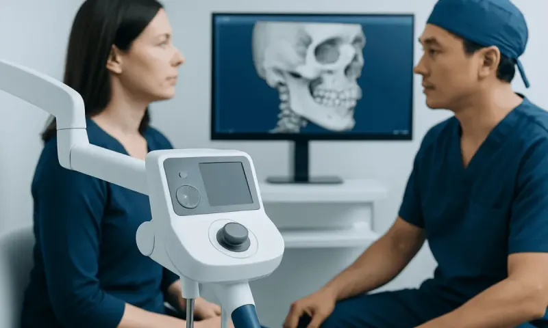 Orthognathic surgery consultation with a doctor and patient in a clinic.