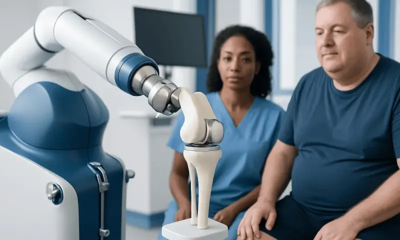Robotic knee surgery procedure with medical team observing.