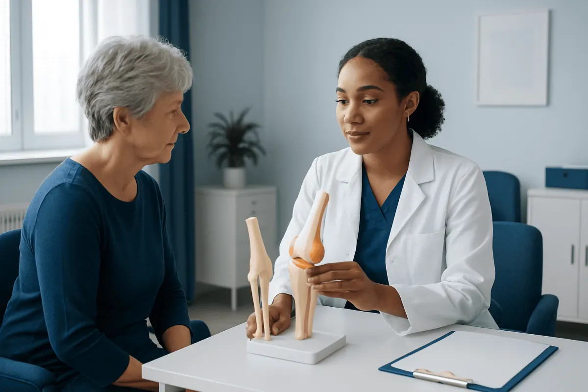 Orthopedic specialist explains knee replacement options to patient.