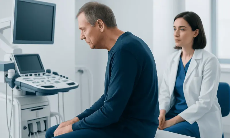 Doctor examining a patient with ultrasound in a medical clinic.