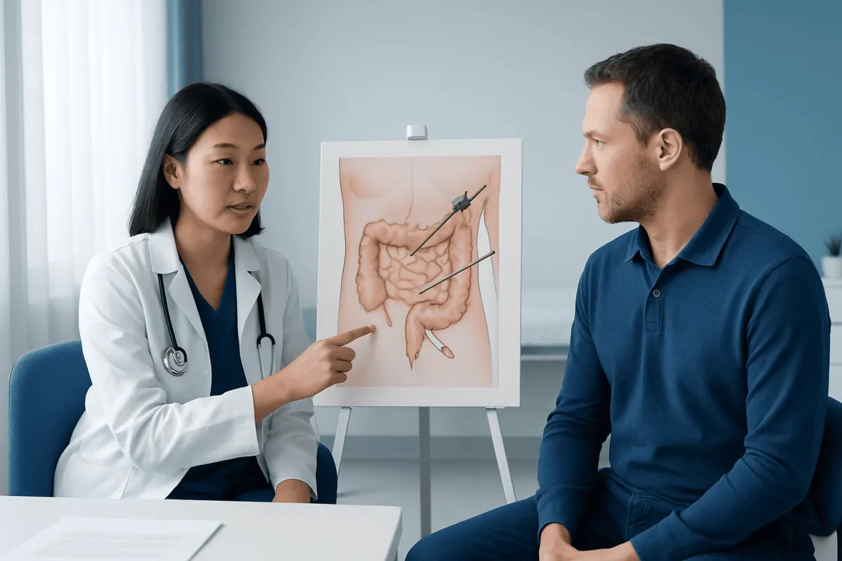 Doctor explaining intestinal surgery to patient in clinic.