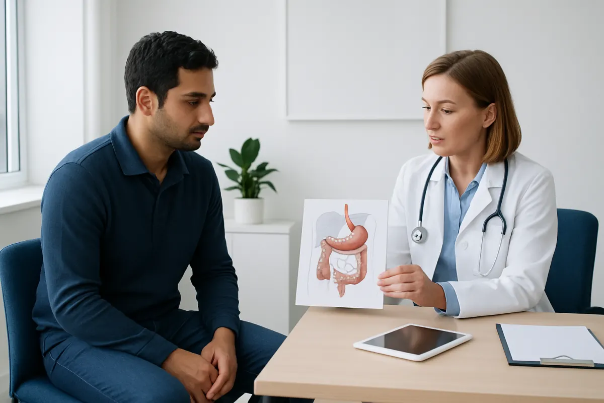 Doctor explaining digestive system to patient in consultation room.