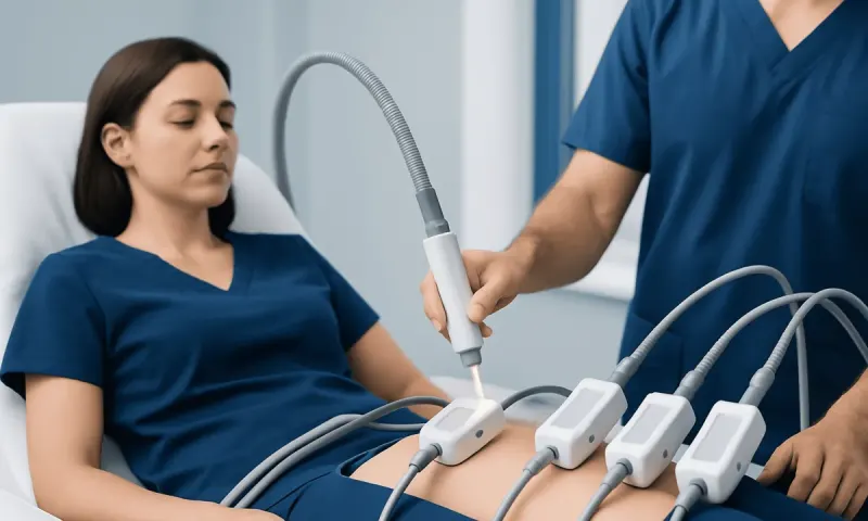 Woman undergoing laser liposuction treatment in a medical clinic.