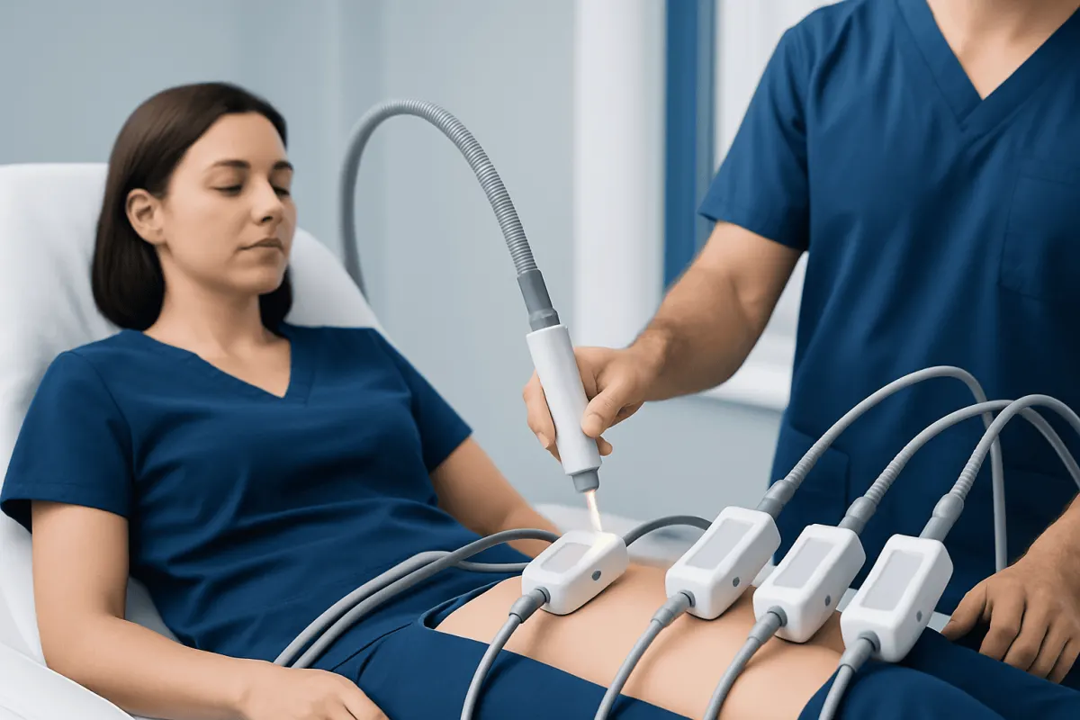 Woman undergoing laser liposuction treatment in a medical clinic.