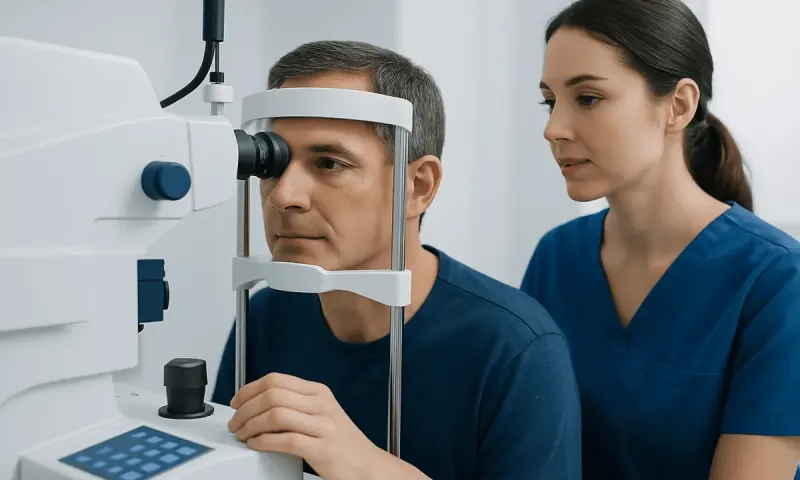 Optometrist performs eye exam using slit lamp at Acibadem Hospital.
