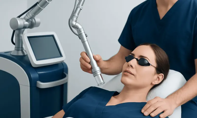 Laser skin resurfacing procedure at a hospital with a patient and doctor.