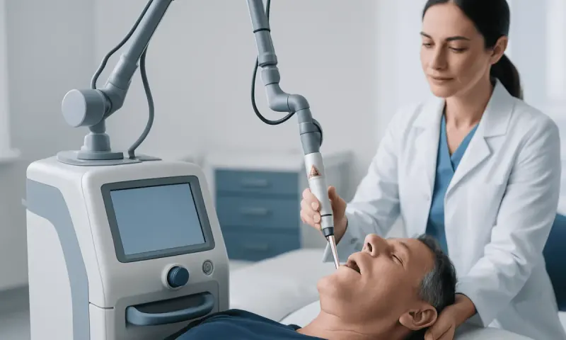 Medical professional performing laser treatment for snoring at a hospital.