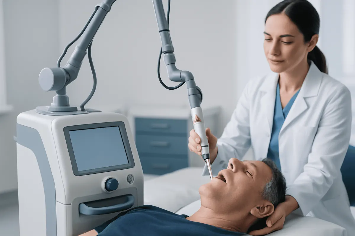 Medical professional performing laser treatment for snoring at a hospital.