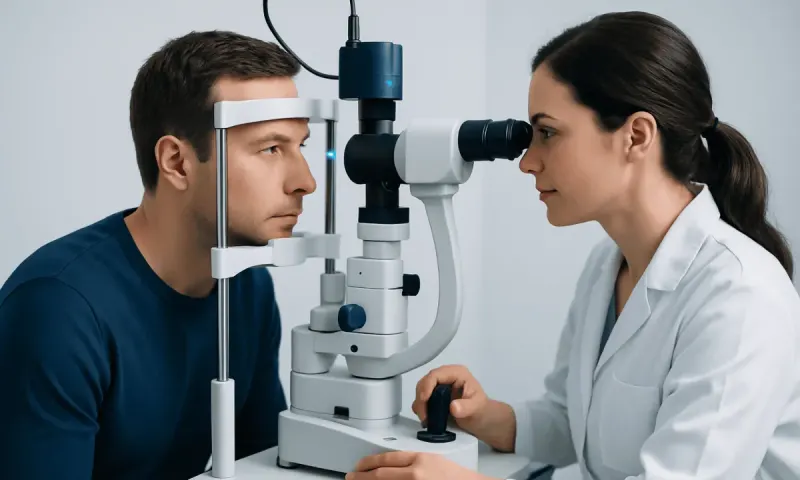 Optometrist performs eye exam using slit lamp at Acibadem Hospital.