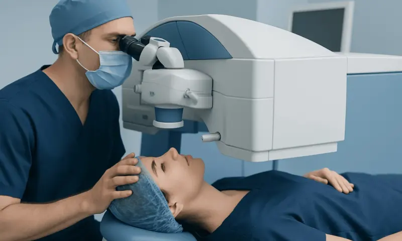 Ophthalmologist performing LASIK eye surgery with advanced equipment.