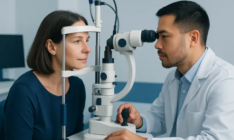 Ophthalmologist examining a patient's eye with a slit lamp.