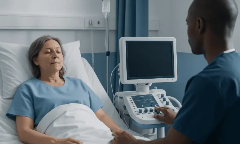 Hospital patient undergoing an ultrasound examination in a clinical setting.