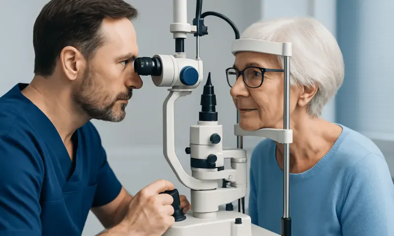 Optometrist examining elderly woman's eyes with slit lamp in clinic.