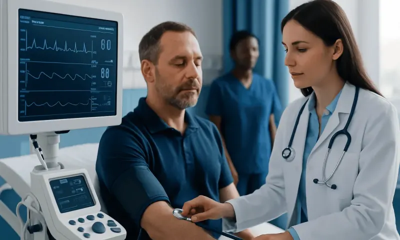 Doctor checking blood pressure of a patient in a hospital setting.