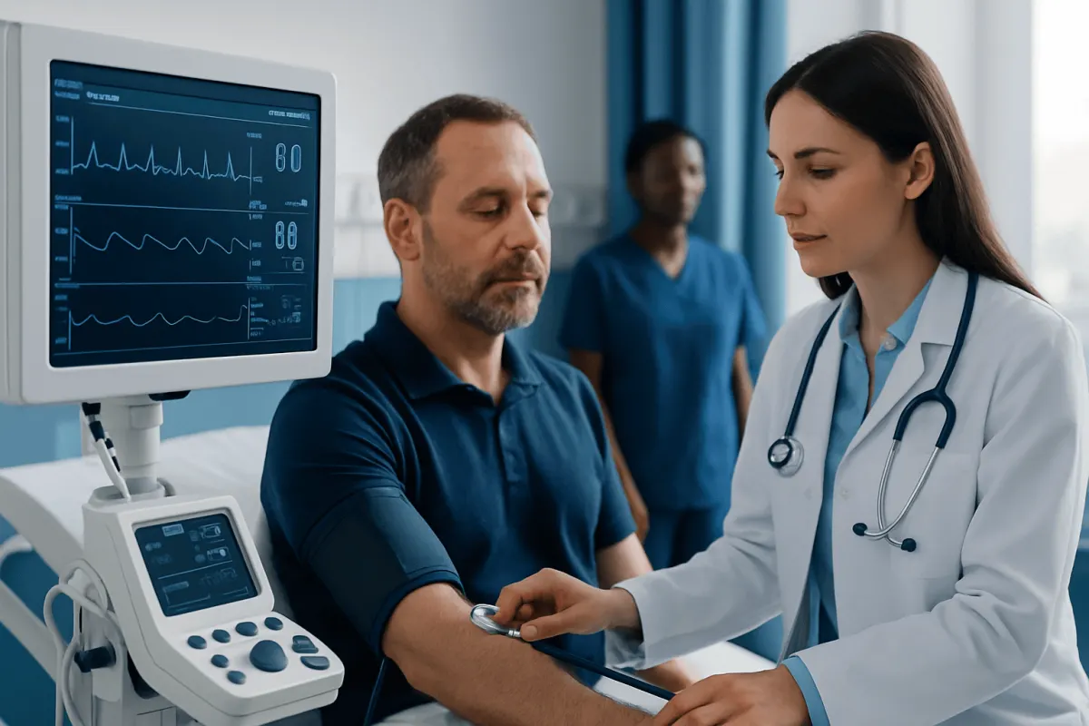 Doctor checking blood pressure of a patient in a hospital setting.
