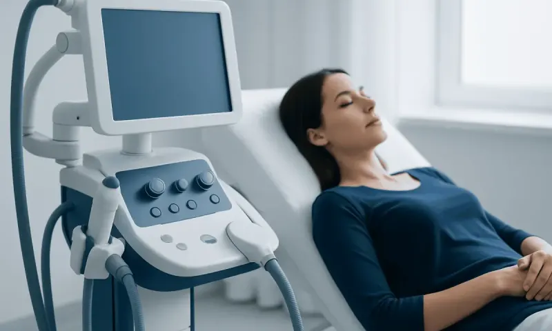 Patient resting during a medical ultrasound examination at Acibadem Hospital.