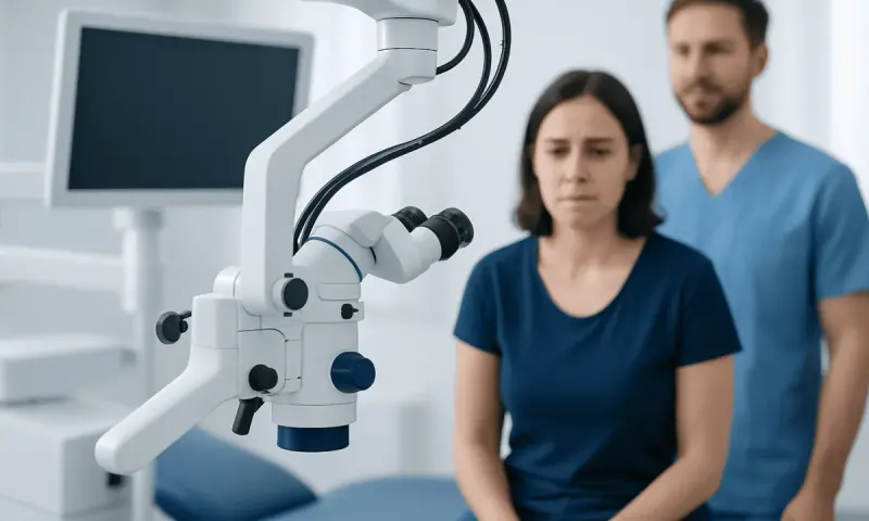 Medical examination with a microscope and healthcare professionals in a clinical setting.